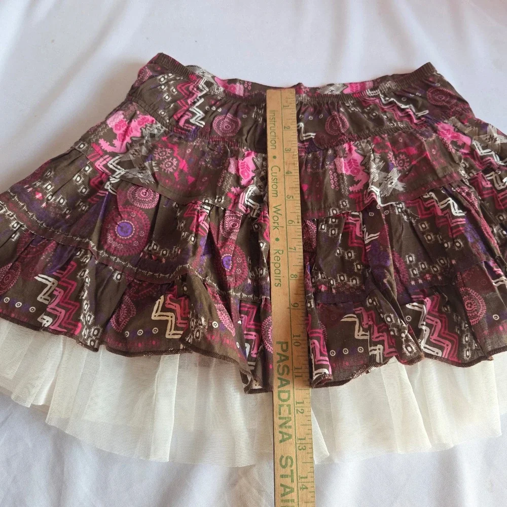 Eyeshadow Girl Brown Pink Boho Tiered Skort Y2K Fairycore Tulle Trim Size L 14‎